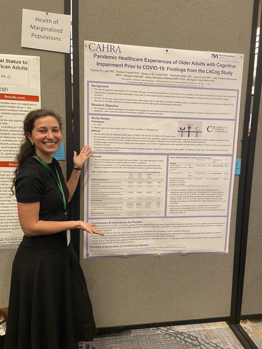 Our <a href="/NUCAHRA/">Michael Wolf</a> PhD candidate <a href="/wl_sophia/">SophiaWL</a> presented a poster <a href="/BehavioralMed/">SBM</a>! She found that older adults with cognitive impairment had slower vaccine uptake, avoided medical care, and had more difficulty managing meds during COVID. Better outreach to these folks is needed! #SBM2023