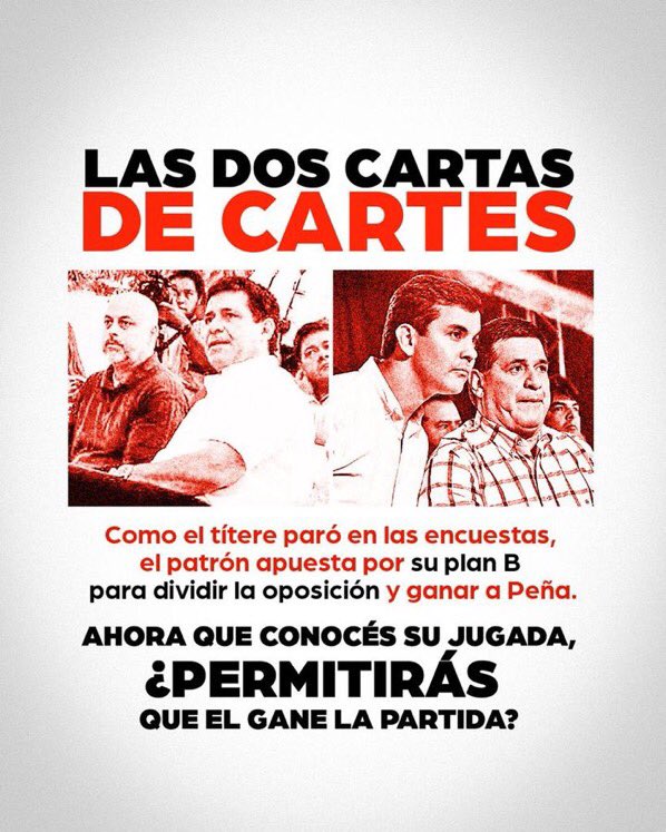 Jóvenes de mi generación entiendan una cosa!!!
Votarle a Payo es darle mayor chance de ganar a Santi Peña.
Payo no roba votos Colorados, divide la oposición.
Un colorado siempre va a votar por su partido.
Payo nunca fue la solución, no desperdicies tu voto.