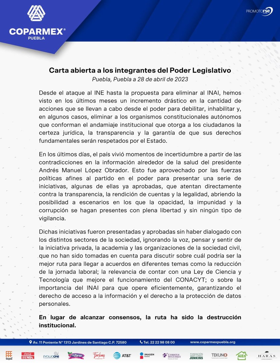 CoparmexPuebla's tweet photo. #CartaAbierta @senadomexicano @Mx_Diputados 

"La polarización es el mejor escenario para el populista y el autoritario. La única manera de tener un país más justo y con desarrollo inclusivo, es si lo construimos juntos"

@Coparmex @INAImexico @INEMexico @Conacyt_MX @CCEPuebla https://t.co/7UCsSTVIZN