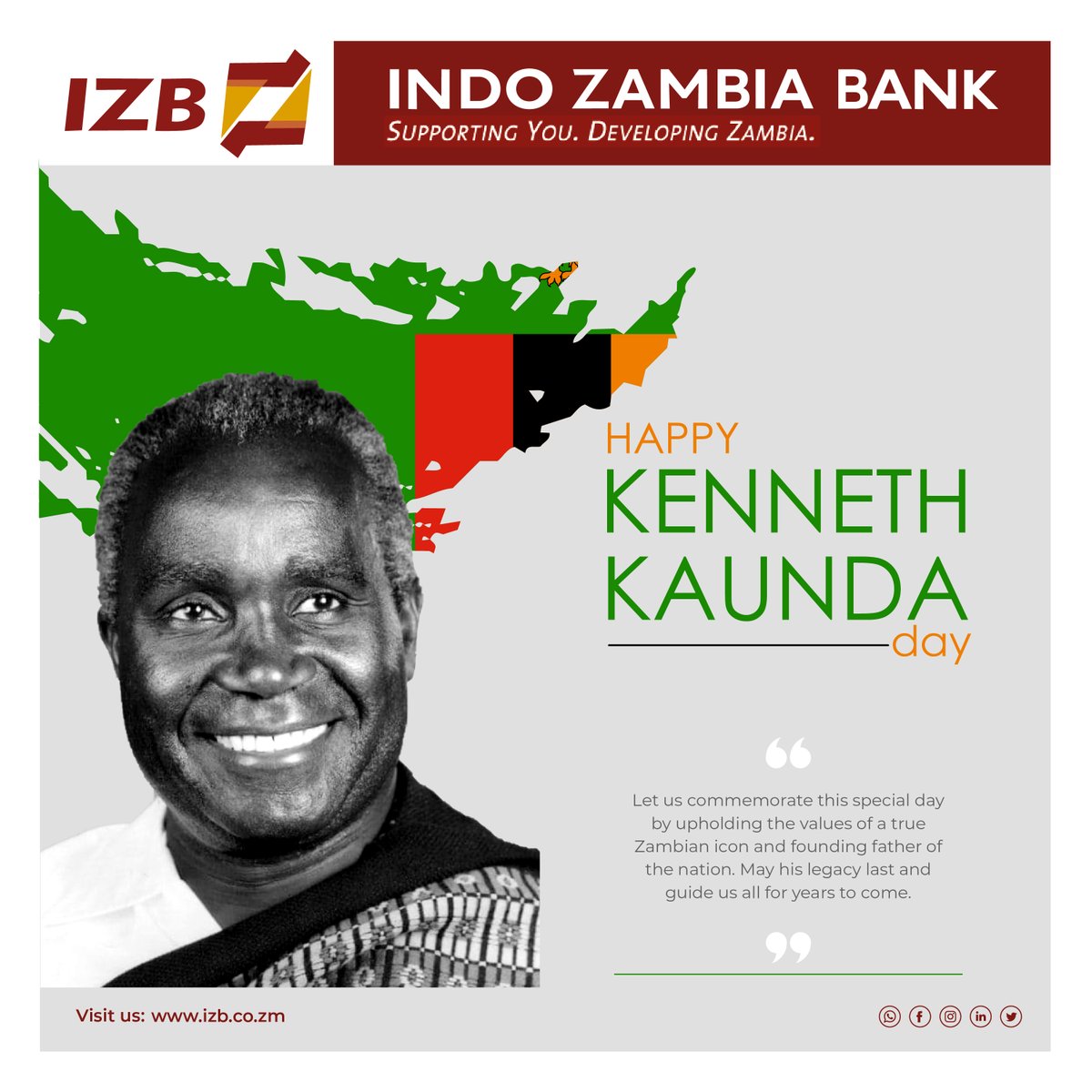 Happy Kenneth Kaunda Day
May his legacy last and guide us all for years to come.

#IndoZambiaBank #LetsGrowTogether #SupportingyouDevelopingZambia #IZB #HappyKennethKaundaDay #KennethKaunda #FoundingFather #FirstPresident #Zambia