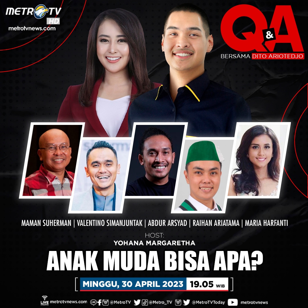 Menjawab tanya bersama Kak Menpora @ditoariotedjo dgn Para panelis Kang @maman1965 @radotvalent Raihan Ariatama Ketua @PBHMIorg Komika @abdurarsyad @MariaHarfanti dgn dipandu host kita @margaretha_jo @Yohana_MetroTV