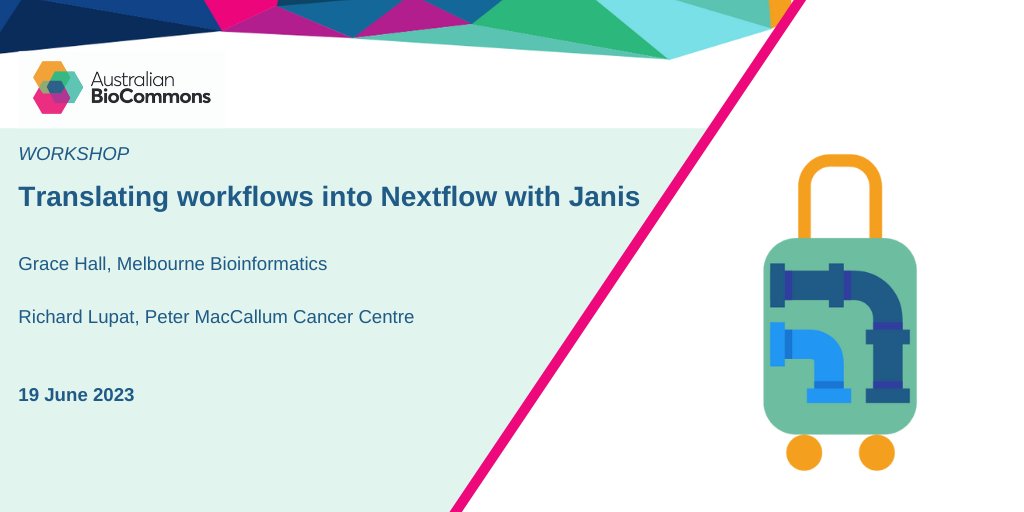 Speed up the process of updating and translating workflows into Nextflow using Janis.

<a href="/GraceAvaHall/">Grace Hall</a> <a href="/MelBioInf/">Melbourne Bioinformatics</a> and Richard Lupat <a href="/PeterMacCC/">Peter Mac Cancer Centre</a> step you through the process with hands on examples in this workshop.

19 June 2023

biocommons.org.au/events/janis-w…