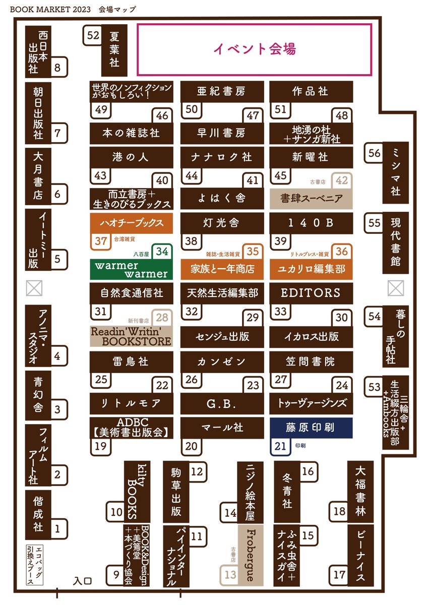 BOOK MARKET 2023の会場マップ（ブース配置）を公開しました！
過去最大のブース＆出展社数なので、会場内のすみずみまで本だらけ！いろんなジャンルの本や、本にまつわるものが浅草・台東館に大集合するこの機会に、ぜひぜひご来場ください！！
anonima-studio.com/bookmarket/202…