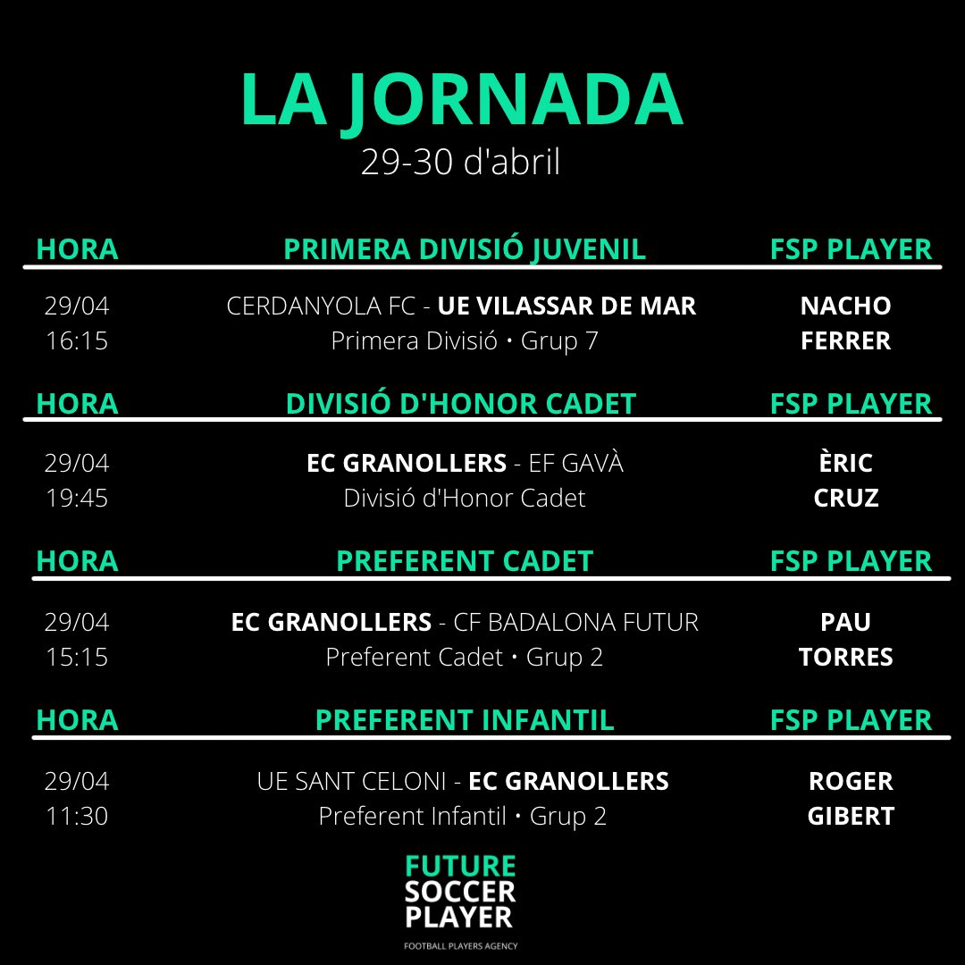 fsp_management's tweet photo. Els partits dels nostres jugadors d’aquest cap de setmana. Molta sort a tots! 💪🏼 #WeAreFSP https://t.co/QSHigRspKT
