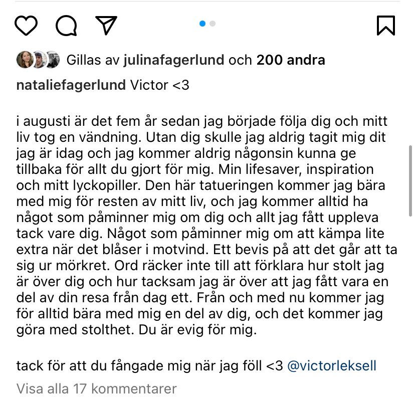 en playlist blev till album till en singel. 

världens finaste låt ’fånga mig när jag faller’ finns ute på Spotify nu!!🫶🏻

och sedan förra sommaren sitter den för evigt på min kropp också. tack för att du fångade mig när jag föll <3 <a href="/vleksell/">21:47</a>