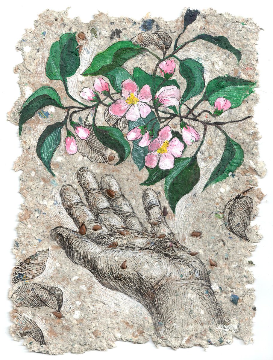 Good morning, my new drop
1/1 NFT art on FND

Apple Tree. 

The botanical illustration is hand-painted, on handmade paper with apple seeds added. Acrylic, liner, white helium pen.
detailed description below
