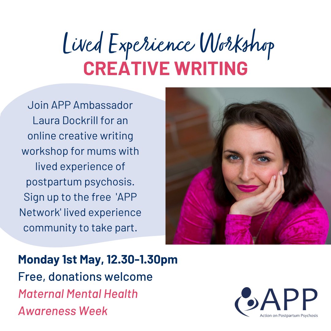 To mark #MaternalMentalHealthAwarenessWeek, join @ActionOnPP ambassador @LauraDockrill for an online creative writing workshop for mums with lived experience of postpartum psychosis. Monday 1st May, 12.30-1.30pm BST Free, donations welcome Book here: bit.ly/APPCreativeWri…