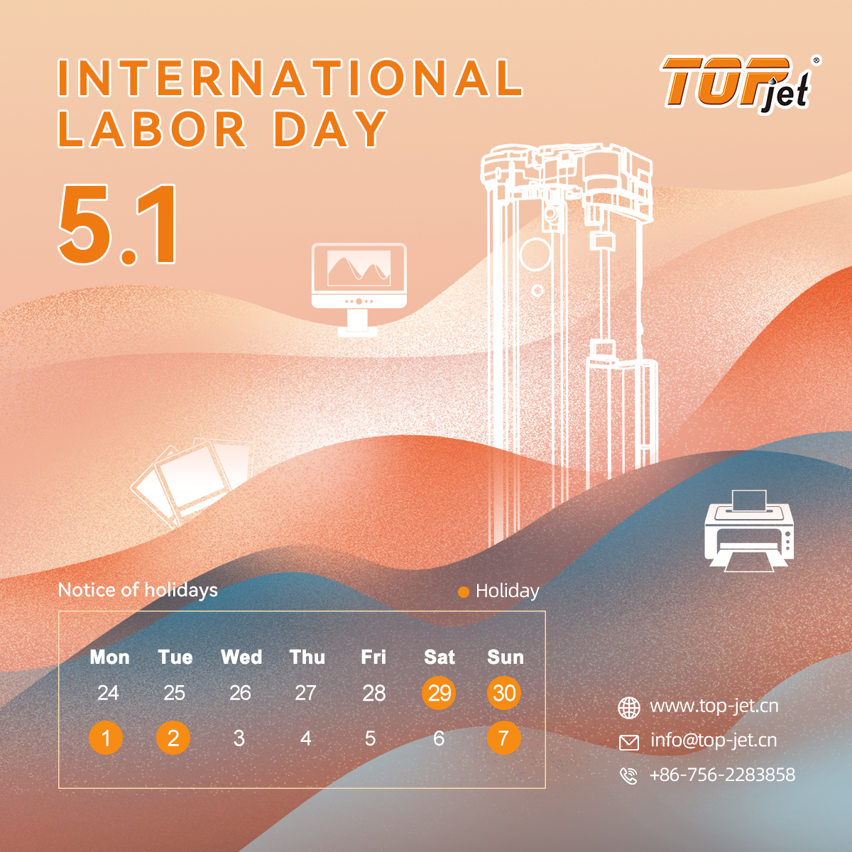 TopjetTech's tweet photo. 📷Holiday Notice for International Labor Day
📷Sorry for any inconvenience that may cause.
#topjet #laborday #holiday https://t.co/ui16PZEpFi
