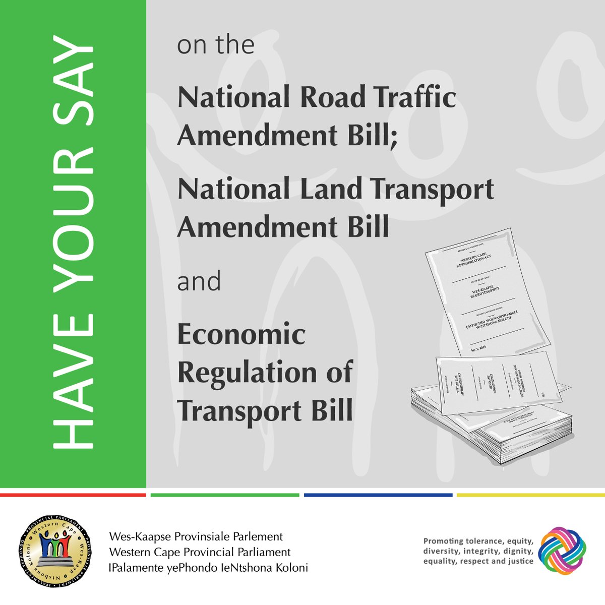 #HaveYourSay The Standing Committee on Mobility invites submissions on the Economic Regulation of Transport Bill, the National Land Transport Amendment Bill and the National Road Traffic Amendment Bill - more information: wcpp.gov.za/node/14462