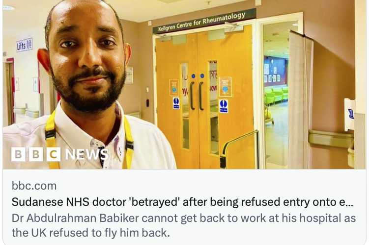 AlexTaylorNews's tweet photo. France and Germany have been evacuating people from 40+ countries from Sudan from Day 1

The UK turned away an NHS doctor who's been working in a Manchester hospital for 4 years after he'd flown out to help his family

This government's Brexit "Global Britain" values for you https://t.co/5Sh90dbhAa