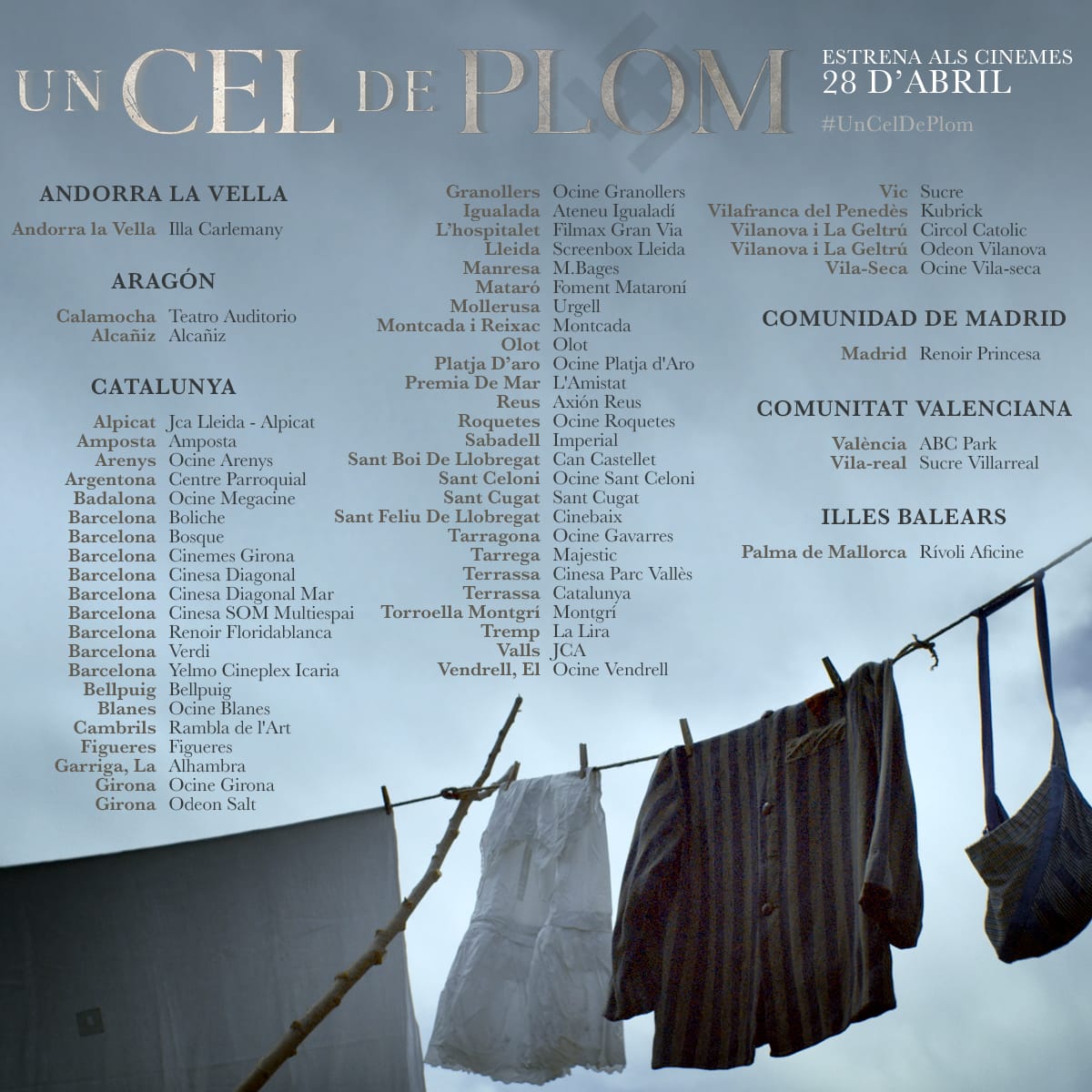 Avui arriba Un cel de plom als Cinemes!
#neuscatala <a href="/nausicaabo/">Nausicaa Bonnín Dufrenoy</a> <a href="/tv3cat/">TV3 és ara @Som3Cat</a> 
<a href="/icec_cat/">Empreses culturals</a> <a href="/filmax/">Filmax</a>