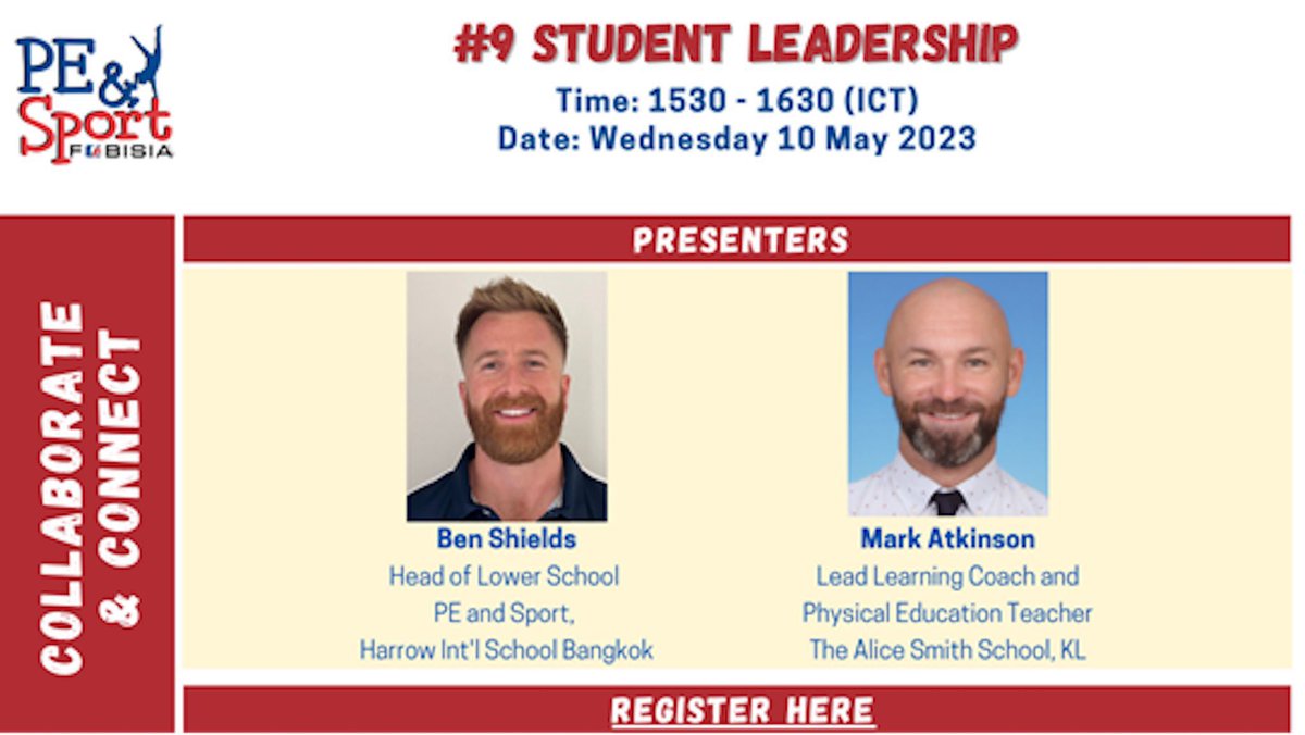 🚨🎙️ <a href="/FOBISIA1/">FOBISIA</a> PE and Sport - Collaborate and Connect 🔗

I will be giving practical examples of how I have tried to impress and implement STUDENT LEADERSHIP in Primary PE. 

Join the fun! 🗯️

#primarype #studentleadership #FOBISIA #collaborateandconnect