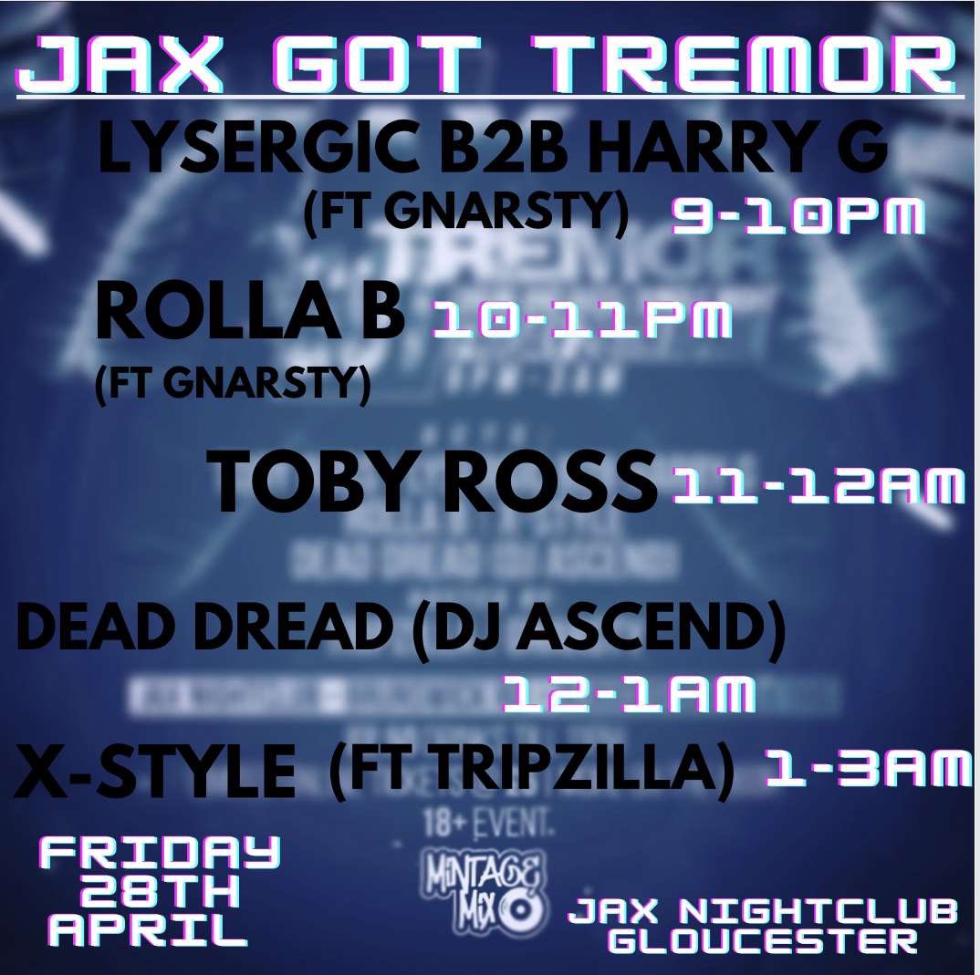 Set Times for TREMOR tonight 🔊 Buy tickets online through our link in bio or pay on the door📲 #gloucester #gloucesterevents #dnb #jungle #emcee #dj #cheltenham #stroud #bristol #nightout