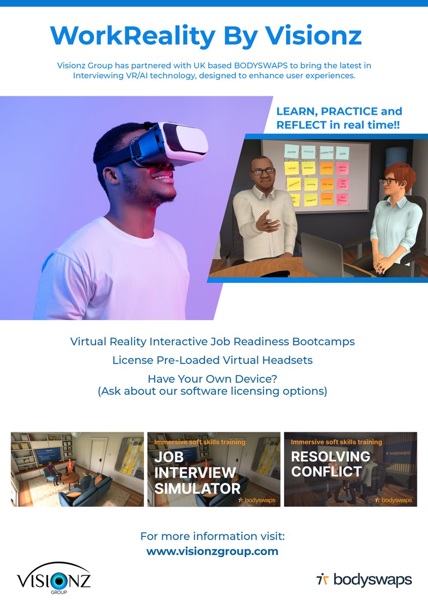 VisionzGroup's tweet photo. We are excited about positioning ourselves to be players in the Soft Skills VR/AI educational space by partnering with UK Based BODYSWAPS.

WorkReality By Visionz will allow users to LEARN, PRACTICE and REFLECT in real time! #Visionz #WorkReality #BODYSWAPS #VR #AI #SoftSkills https://t.co/J6QqCDA8hy