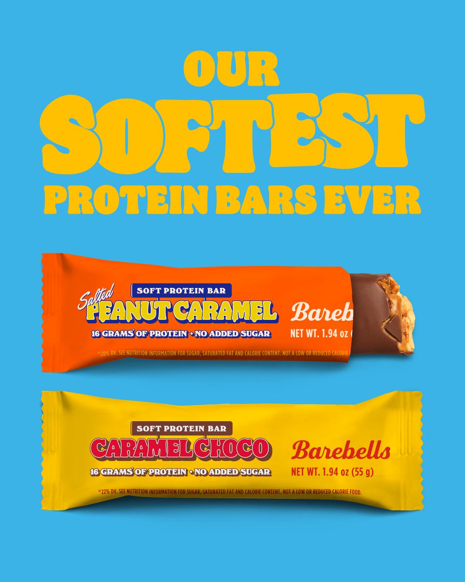 INTRODUCING BAREBELLS SOFT BARS! That’s right. We officially have a soft side with two new delicious flavors: Salted Peanut Caramel & Caramel Choco! 🍫 16 GRAMS OF PROTEIN 🍫 NO ADDED SUGAR SO good, you’ll forget they’re a protein bar!