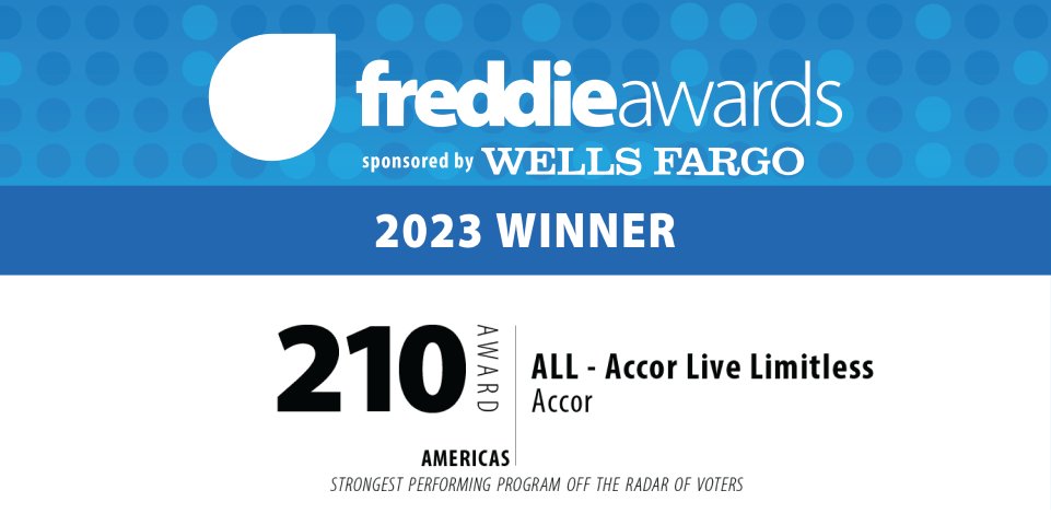 The 210 Award (hotel) for the Americas goes to @All - @Accor Live Limitless #FreddieAwards