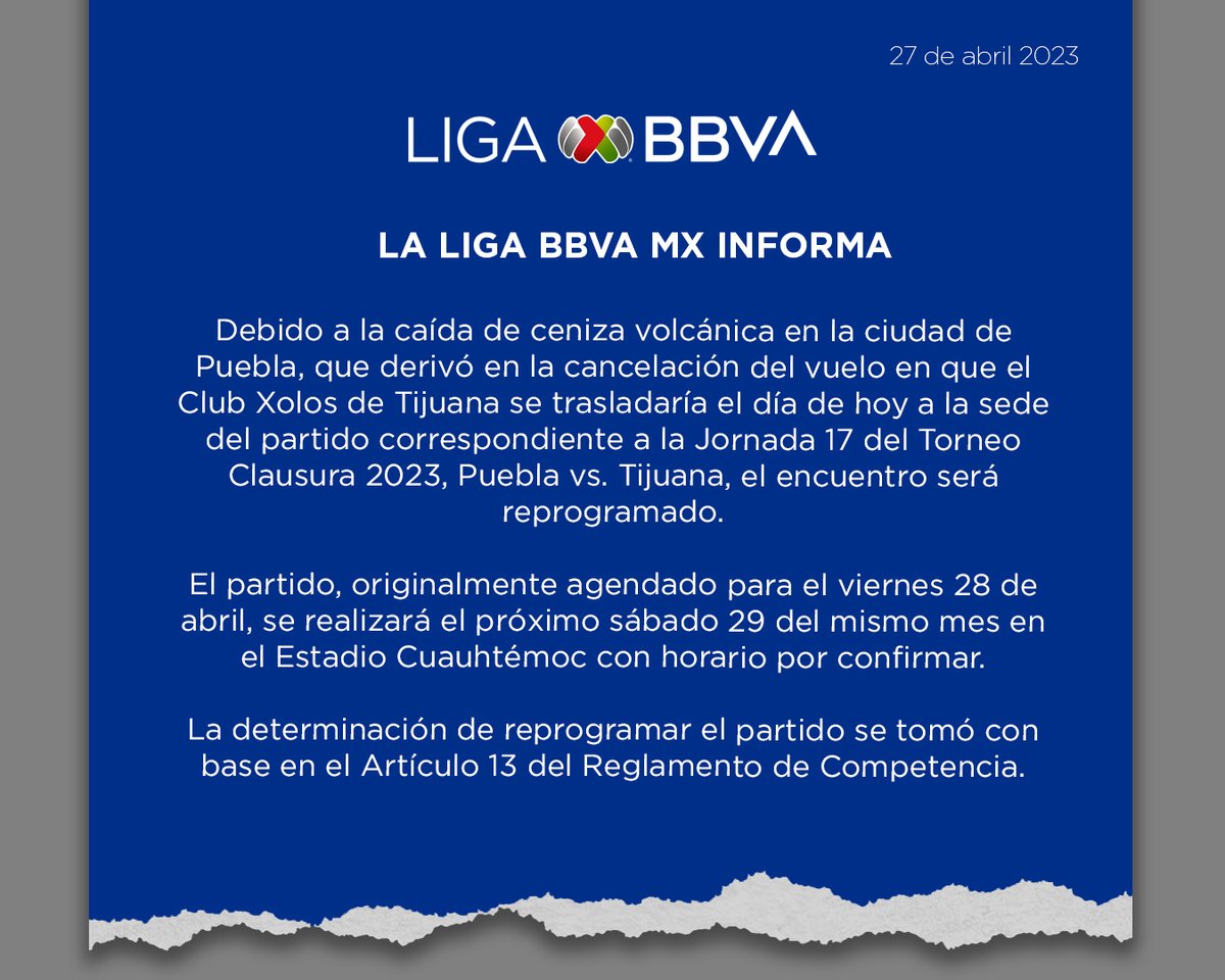 LigaBBVAMX's tweet photo. La LIGA BBVA MX informa sobre la reprogramación del partido @ClubPueblaMX vs. @Xolos. https://t.co/L0nfggdggC