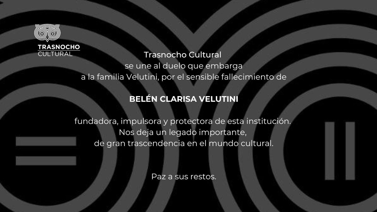 Belén Clarisa Velutini fue durante todo el tiempo que tiene el Trasnocho Cultural, la persona que cuidó, a la distancia pero con ahínco, todas las actividades que esta institución ha podido realizar durante estos 22 años de labor. Gracias por tanto