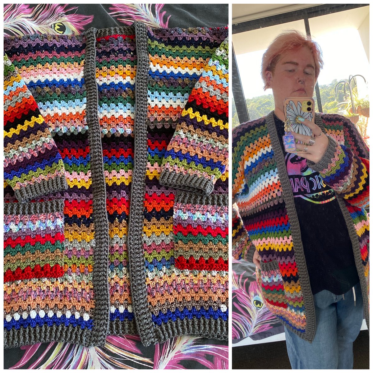 FaeHerself's tweet photo. A “throw every colour at it and see what you get” stash buster cardigan https://t.co/vqR4zLHgVV
