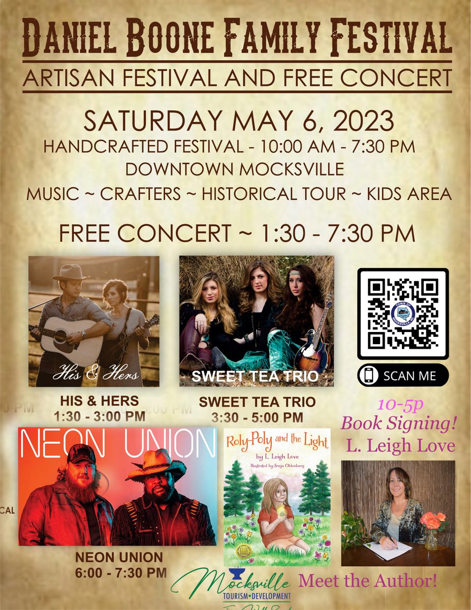 Daniel Boone Family Festival
Saturday, May 6, 2023
Mocksville, NC
10-5pm

Art, music and me. 

I'll be there. 

it's true.

#WritingCommunity, #indieauthor, #amazingperson, 
#supportlocal,