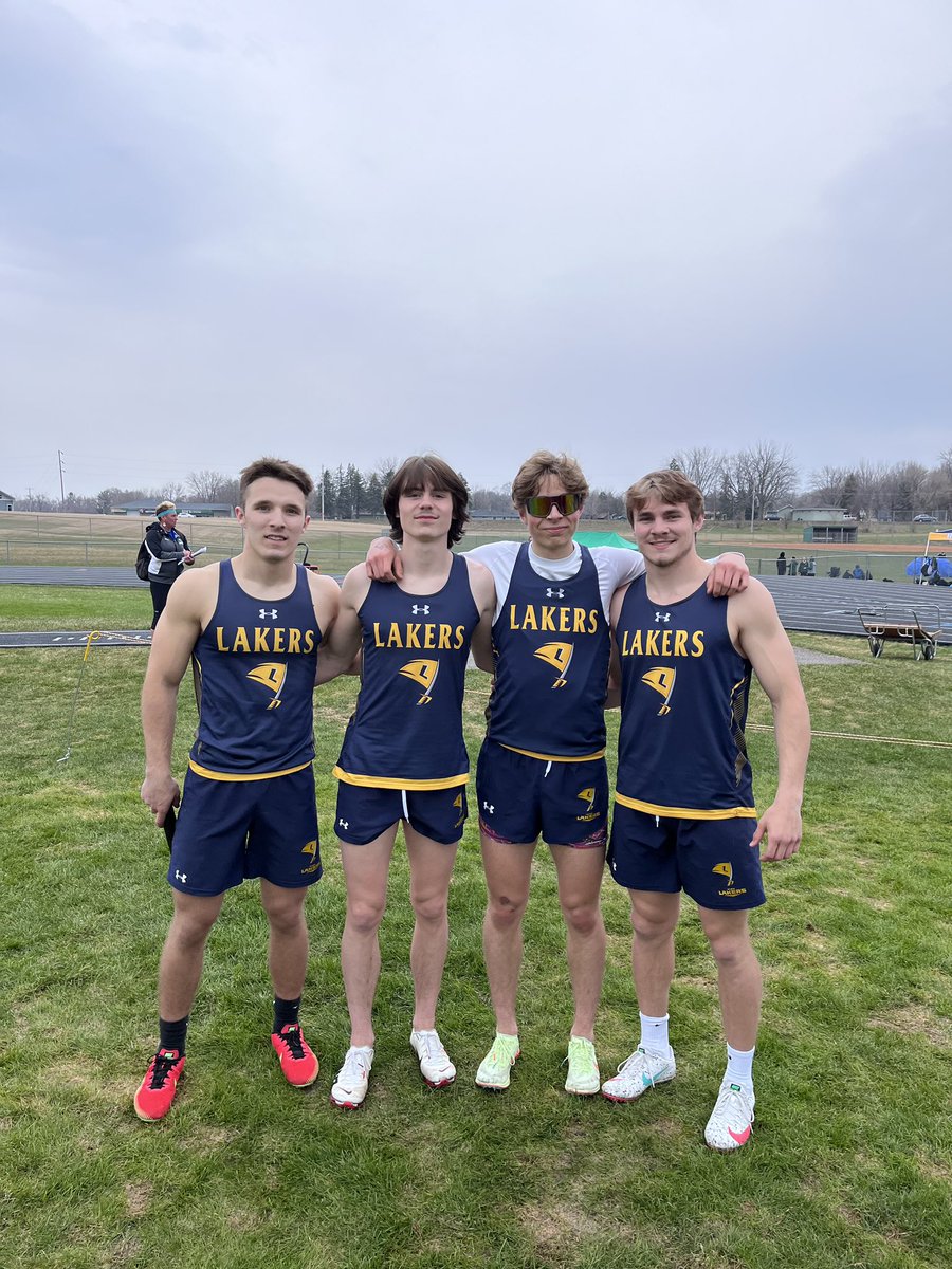 HLWWTrack's tweet photo. I haven’t gotten official results from tonight’s meet yet but it was announced by @MrMeyertheteach that a 17 year old meet record was broken by Collin, Mitch, Lance, and Chase tonight in the 200, 200, 400, 800 relay tonight at the Maple Lake Relays! https://t.co/KXTUWtJWua