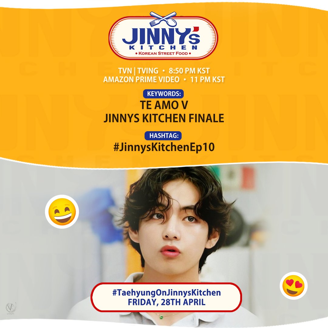 Are you ready for the grand finale of “Jinny’s Kitchen” this Friday from 20:50 KST

#JinnyKitchen #TAEHYUNGGonSeojins 
#TaehyungOnJinnysKitchen

 WE LOVE YOU TAEHYUNG