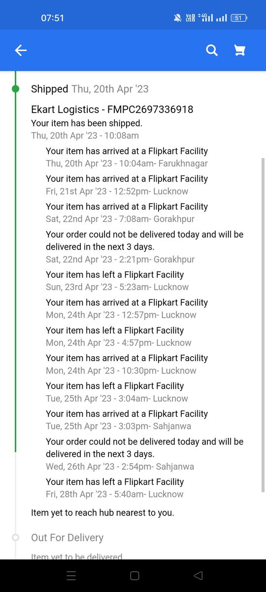 ujju2503's tweet photo. Hey @Flipkart @flipkartsupport 
My order is going back to Lucknow after reaching the nearest hub twice.
Order I'd :-OD427881384917515100
Ekart Logistics - FMPC2697336918
@ekartlogistics 
Please make my order available ASAP. https://t.co/o5lc3YmWoZ