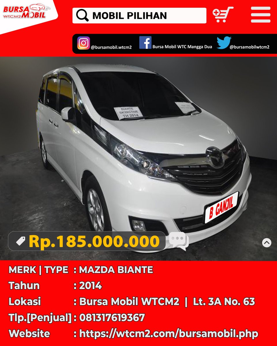 MAZDA BIANTE
Tahun : 2014
Harga : Rp.185.000.000,-
Bursa Mobil WTC Mangga Dua
Lantai 3A No. 63
.
#bursamobilwtcmanggadua #terbesar #onestopshopping #terlengkap #aman #nyaman #bebascalo #honda #toyota #mitsubhisi #nissan #mazda #daihatsu #minicooper #bmw #mercedesbenz #lexus