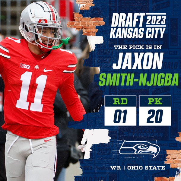 With the No. 20 overall pick in the 2023 @NFLDraft, the @Seahawks select WR Jaxon Smith-Njigba! @neweracap | #Seahawks 📺: 2023 #NFLDraft on NFLN/ESPN/ABC 📱: Stream on NFL+ bit.ly/3Nk9PrV