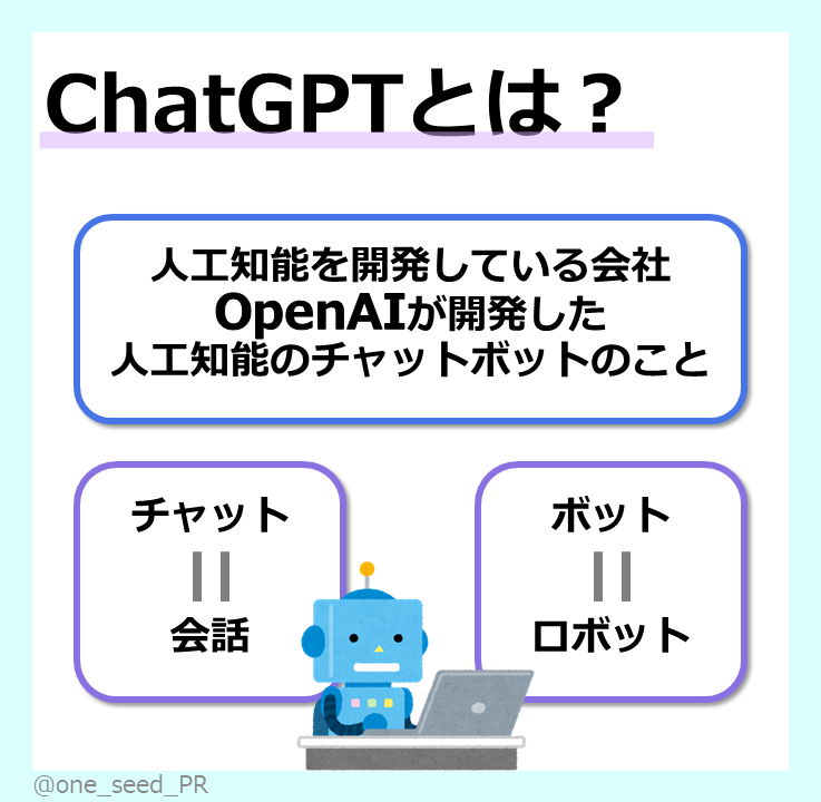 one_seed_PR's tweet photo. こんにちわんしーど🌱
新年度が始まりましたね！
今回は今話題の「ChatGPT」について調べてみました🤖
わたしも実際に使ってみたのですが、これ面白いです😳
使ったことない人も試してみてはいかがでしょうか💁‍♀️
#PC #ChatGPT https://t.co/brSxFBo3d9