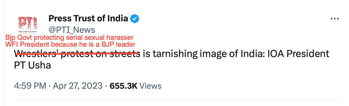 kavita_krishnan's tweet photo. Dear @PTUshaOfficial, here, I've edited it for you. 

Why, for 3 whole months, did the IOA headed by you ignore the #Wrestlers who came to you for justice - instead you now support their powerful predator who is the WFI President &amp; ruling party leader. 

#WrestlersProtest https://t.co/4FnPCnN0id