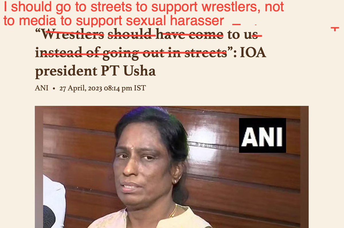 kavita_krishnan's tweet photo. Dear @PTUshaOfficial, here, I've edited it for you. 

Why, for 3 whole months, did the IOA headed by you ignore the #Wrestlers who came to you for justice - instead you now support their powerful predator who is the WFI President &amp; ruling party leader. 

#WrestlersProtest https://t.co/4FnPCnN0id