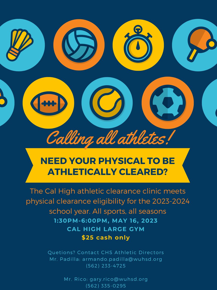 🚨Attention Condor Athletes🚨

Physicals for the 2023-24 season will be available on May 16th from 1:30 to 6pm. Get cleared for next season and school year #CondorAthletics