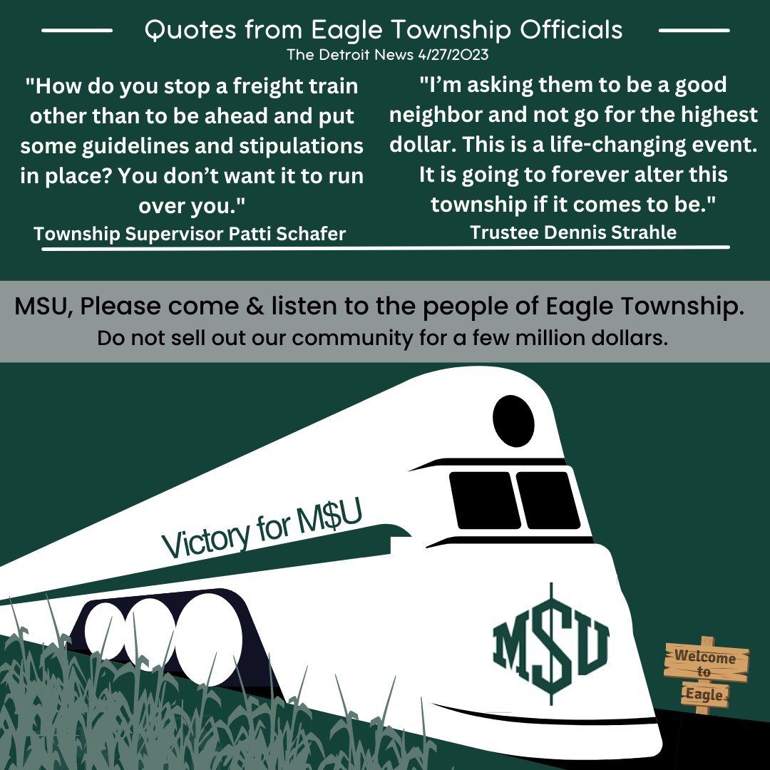 StopLeaping's tweet photo. MSU should stop selling out our township. They have money and do not need to squeeze some extra bucks from a gift. Honor the wishes of their donors.

Although, their fight song is entitled, "Victory for M$U." Never should have thought they cared about me &amp; you.
#purelansing #MSU https://t.co/pfFGC3CviY