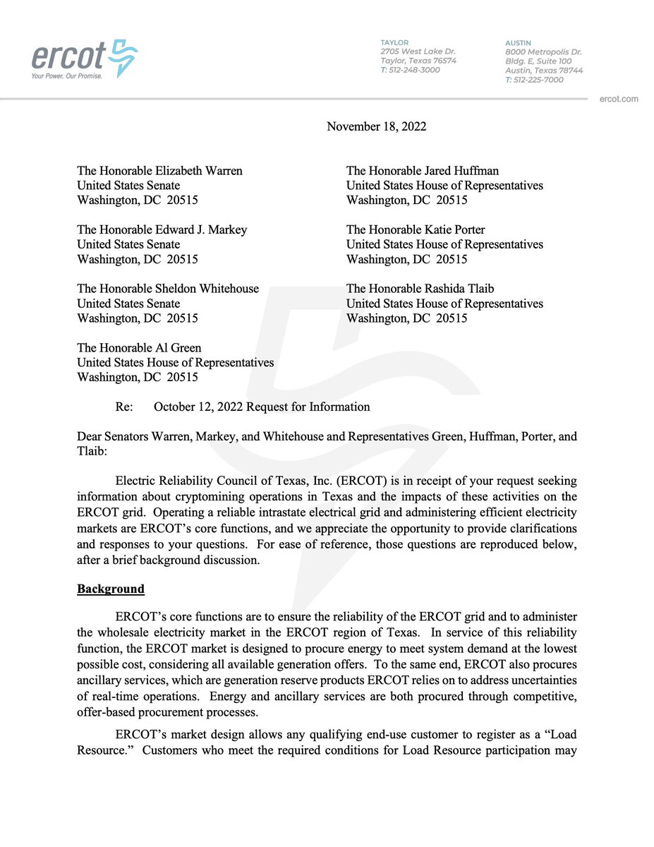 BitcoinPierre's tweet photo. ERCOT responded to @SenWarren's letter last year, here are some gems 💎🧵

"[#Bitcoin] miners do not receive subsidies or any other special treatment from ERCOT. To the extent recent media reports have suggested otherwise, those reports are not correct." https://t.co/eLega1ynxy