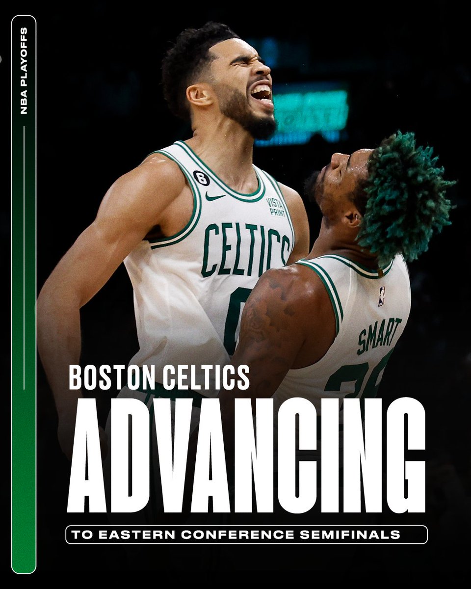 espn's tweet photo. THE CELTICS ADVANCE TO THE EASTERN SEMIS ☘️ https://t.co/saVpCCi4R8