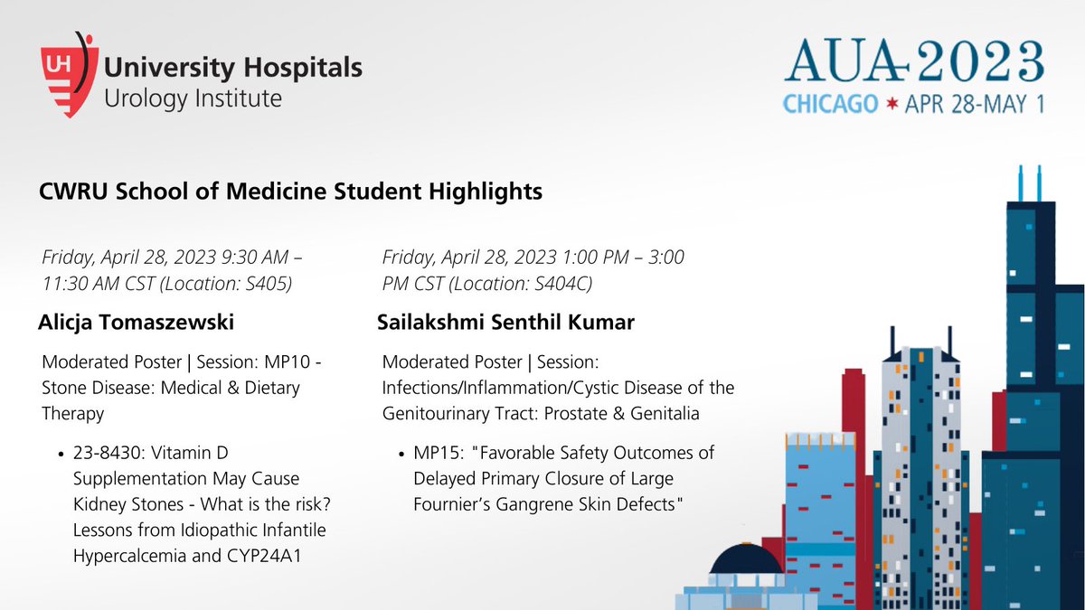 Attn: #AUA23 early birds! Don't miss @UHhospitals first presenters at 2023's @AmerUrological annual meeting. Find research fellow @IlahaIsali & some uro-focused @CWRUSOM students in this morning's moderated poster sessions.
