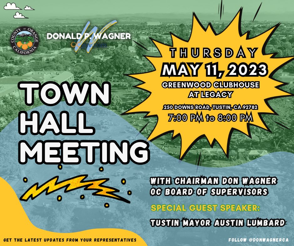Join me in <a href="/CityofTustin/">City of Tustin</a> on May 11 for a Tustin Town Hall with <a href="/AustinLumbard/">Mayor Austin Lumbard 🇺🇸</a>. Get your questions answered and the latest community updates. Look forward to seeing you there!