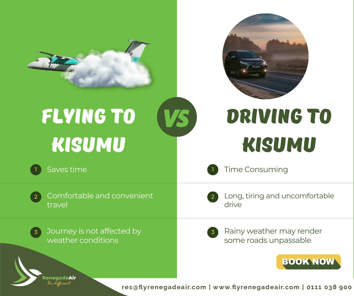 Book your tickets to Kisumu from as low as KES 5,500.
Call: 0111 038 900 or visit: flyrenegadeair.com to book your tickets.

 @Disembe 
#flyrenegadeairexperience #flyrenegadeair #bedifferent #bestexperience #bestrates #bestfares  #flysafe #wilsonairport #localairline