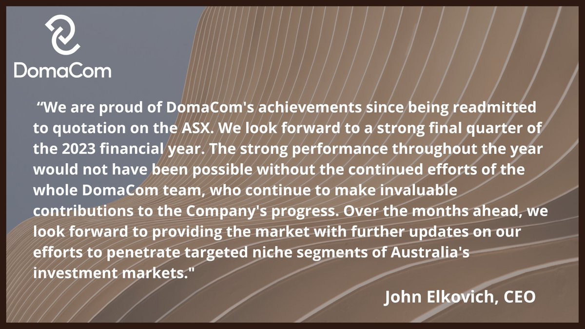 DomaCom (ASX:DCL) has announced its Appendix 4C cash flow report for the quarter ended 31 March 2023 (Q3 FY23), along with the following financial and operational update | ASX announcement: asx.com.au/asxpdf/2023042… #DCL