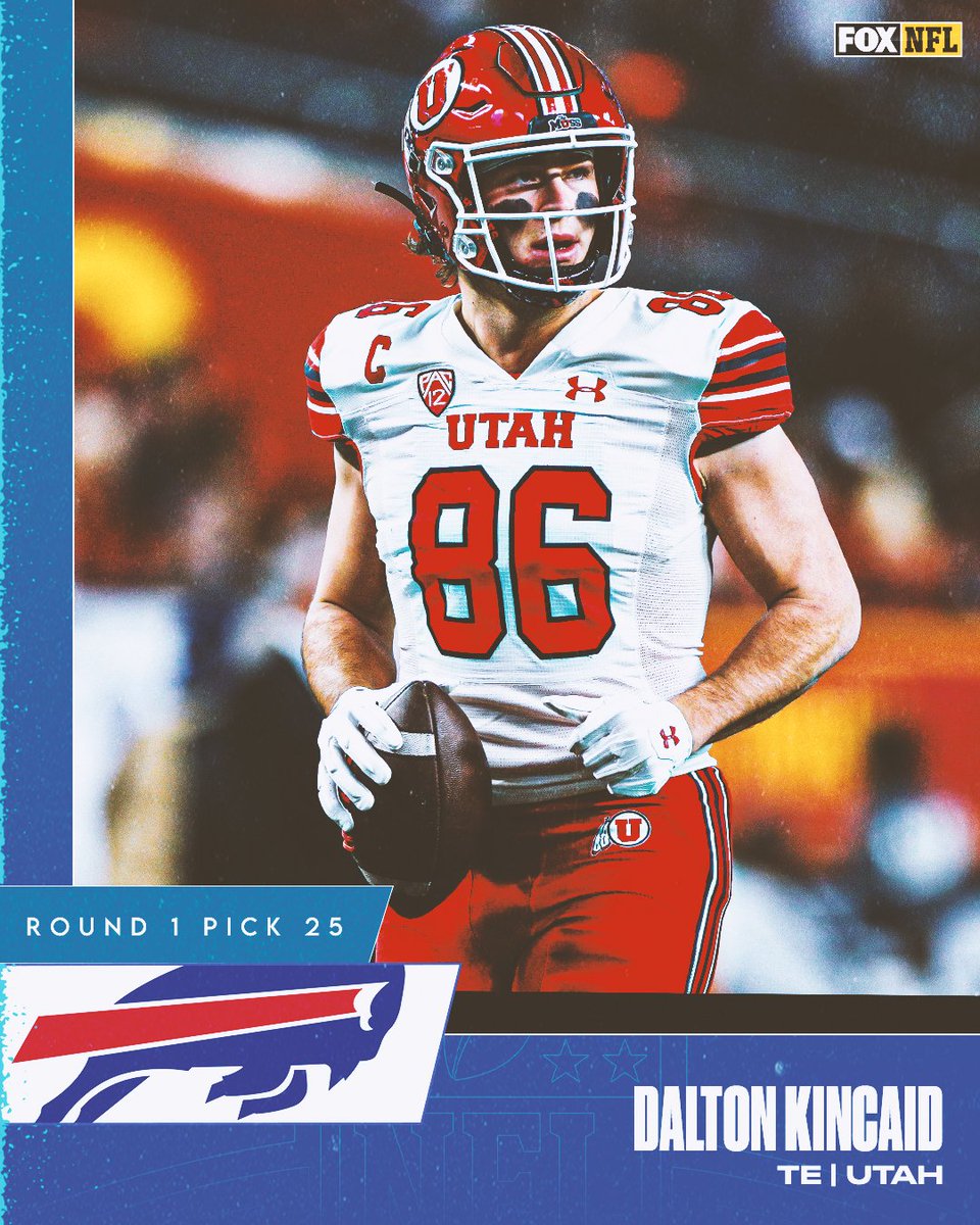 NFLonFOX's tweet photo. The @BuffaloBills trade up to pick one spot in front of the Cowboys and take Utah TE Dalton Kincaid, the top TE on the board! #BillsMafia https://t.co/oWPgMvuaW6