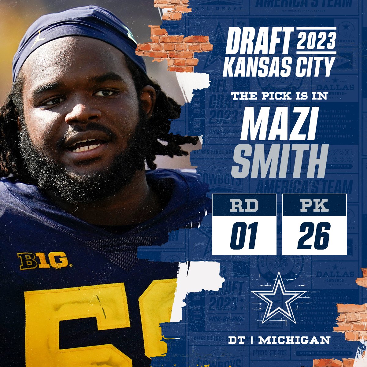 With the No. 26 overall pick in the 2023 @NFLDraft, the @dallascowboys select Mazi Smith! @neweracap | #DallasCowboys 📺: 2023 #NFLDraft on NFLN/ESPN/ABC 📱: Stream on NFL+ bit.ly/3Nk9PrV