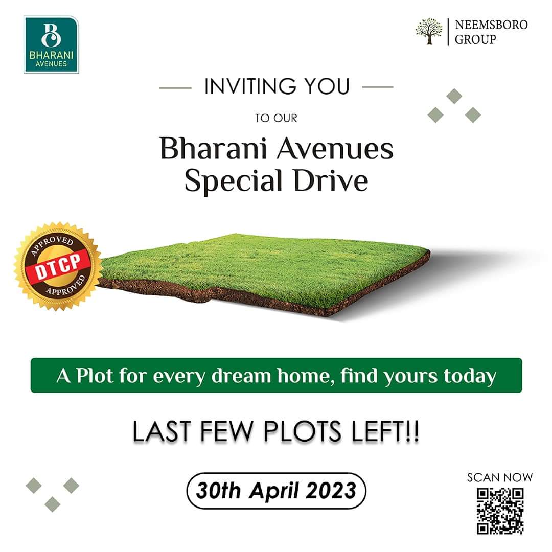 Bharani Avenues - A DTCP and TSRERA approved project 
Date - 30/04/2023 (Sunday)

Amazing Discount Prices Available at the  booking.
9440023708

#neemsboro #neemsborofarms #realestate #hyderabad
#2bhk #3bhk #farmlands #apartments #dtcpplots
#investment #land #farmplots #rajadhani