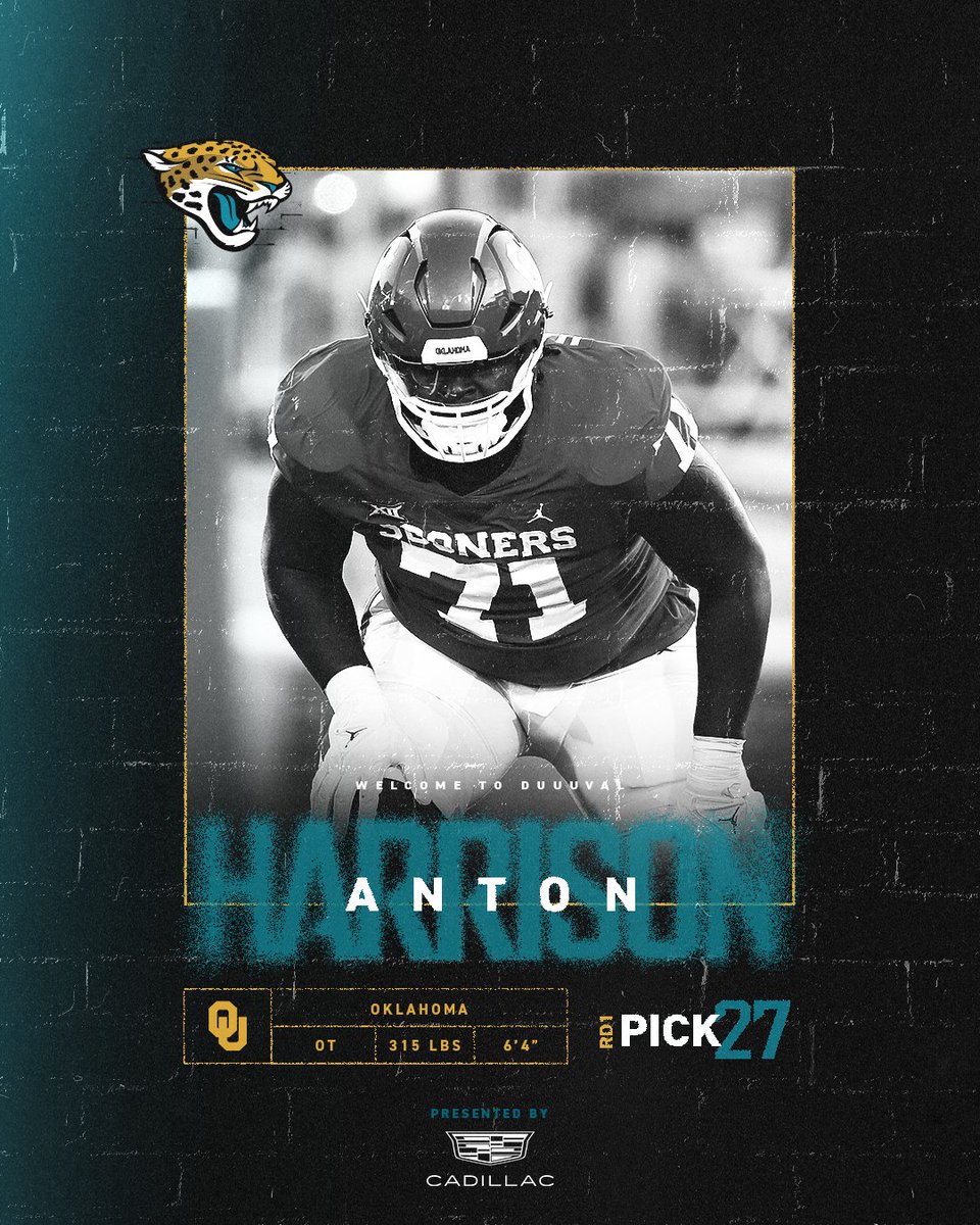 Jacksonville Jaguars (@jaguars) on Twitter photo With the 27th pick in the 2023 #NFLDraft, we select Oklahoma OT Anton Harrison!
<a href="/Ayee_Tonn/">Anton Harrison</a> | <a href="/FieldsCadillac/">Fields Cadillac</a> With the 27th pick in the 2023 #NFLDraft, we select Oklahoma OT Anton Harrison!
<a href="/Ayee_Tonn/">Anton Harrison</a> | <a href="/FieldsCadillac/">Fields Cadillac</a>