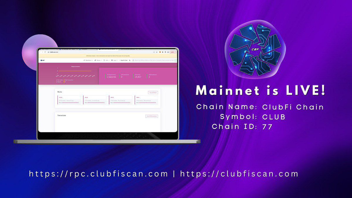 ClubFinance_bsc's tweet photo. ◾️ClubFi Mainnet◾️

Chain Name
ClubFi

Chain Symbol
CLUB

Chain ID
77

Chain RPC
https://t.co/NJjuKaUG8A

Chain Explorer
https://t.co/aWcWMTpAUH

Big Utility! Test now and tell us your experiences😊 https://t.co/ADECTT9hcp