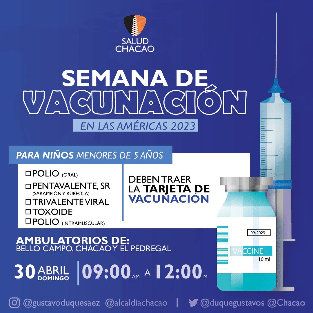 💉 Semana de vacunación en Las Américas 2023.

<a href="/SaludChacao/">Salud Chacao Oficial</a> realizará una jornada especial de inmunización este #30Abril.

📍Ambulatorio de Bello Campo
📍Ambulatorio de Chacao
📍Ambulatorio de El Pedregal

⚠️ | Deberá llevar la tarjeta de vacunación del niño/niña.