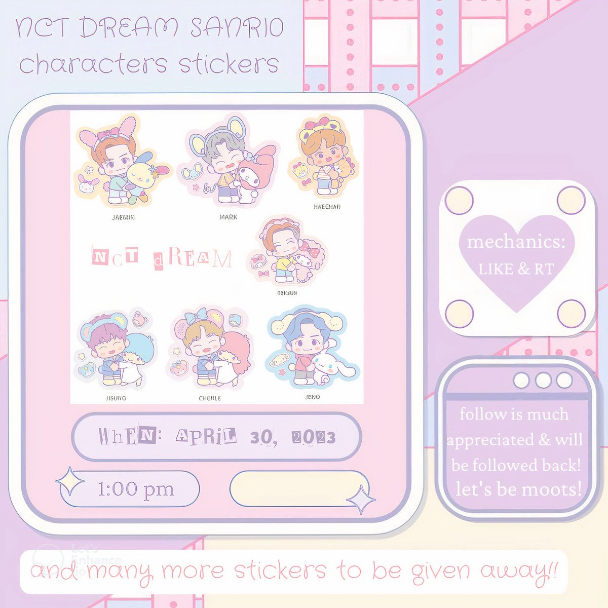 catjaeminlover's tweet photo. hello, i'll be giving away nct dream sanrio characters stickers set &amp; many more stickers to 200 dreamzens on april 30! 💗

- like &amp; rt
- location will be posted on d-day!

#NCTDREAM_THEDREAMSHOW2_in_MANILA #TDS2inManila #NCTDREAM #7DREAM https://t.co/RwTV3HMGYa