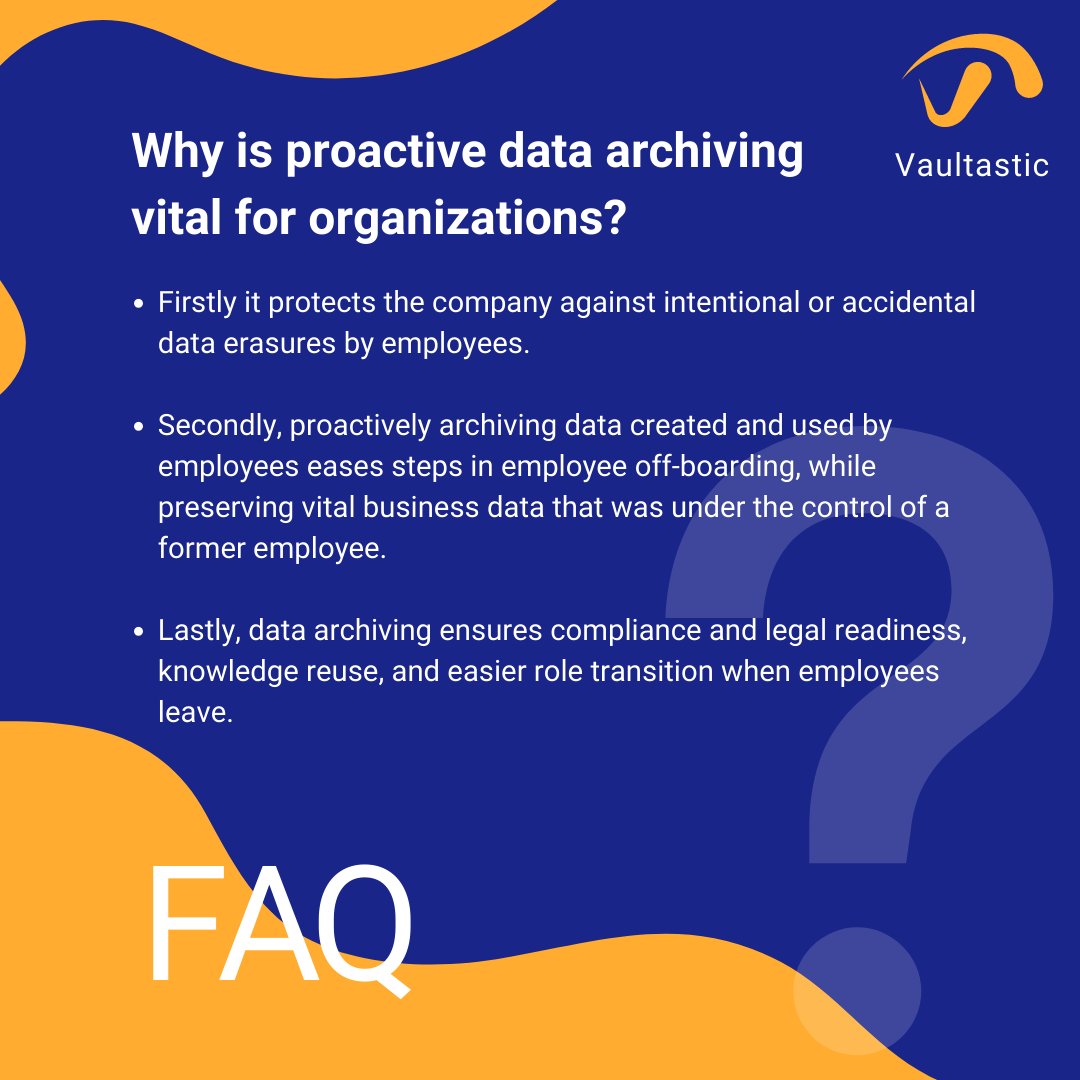 Why is proactive #dataarchiving vital for organizations?

1. Prevent data erasure
2. Ease off-boarding while preserving vital business data
3. Ensure compliance and legal readiness

#faq #Vaultastic #mithi