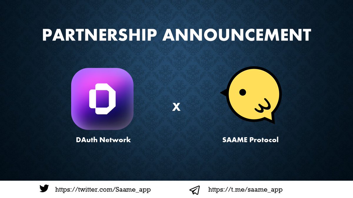 SAAME (@saame_app) on Twitter photo 🚀We are thrilled to announce our #partnership with
DAuth Network <a href="/DauthNetwork/">DAuth Network | Web3 OAuth 🟪</a> which is a Web3 OAuth protocol for decentralization and privacy authentication
💪Let's build together
👇Join us
app.questn.com/quest/76536321…
#Airdrop 800 $SEXP & 5 NFTPass WL
#DAuthNetwork #Saame 🚀We are thrilled to announce our #partnership with
DAuth Network <a href="/DauthNetwork/">DAuth Network | Web3 OAuth 🟪</a> which is a Web3 OAuth protocol for decentralization and privacy authentication
💪Let's build together
👇Join us
app.questn.com/quest/76536321…
#Airdrop 800 $SEXP & 5 NFTPass WL
#DAuthNetwork #Saame