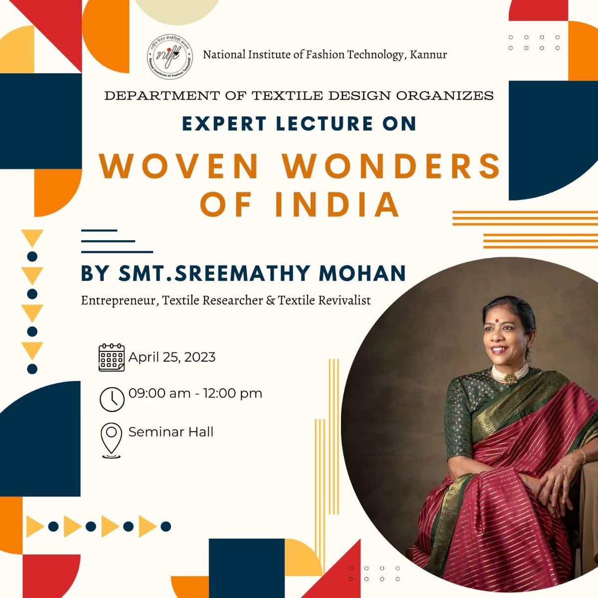 Expert Lecture on "Woven Wonders of India" by Smt. Sreemathy Mohan(<a href="/Sree_tweets/">Sreemathy Mohan</a>) was held by the Textile Design Department. Attendees gained insights into woven textiles and India's cultural heritage.

#expertlecture #textiles #indiantextile #design #ministryoftextiles #woven
